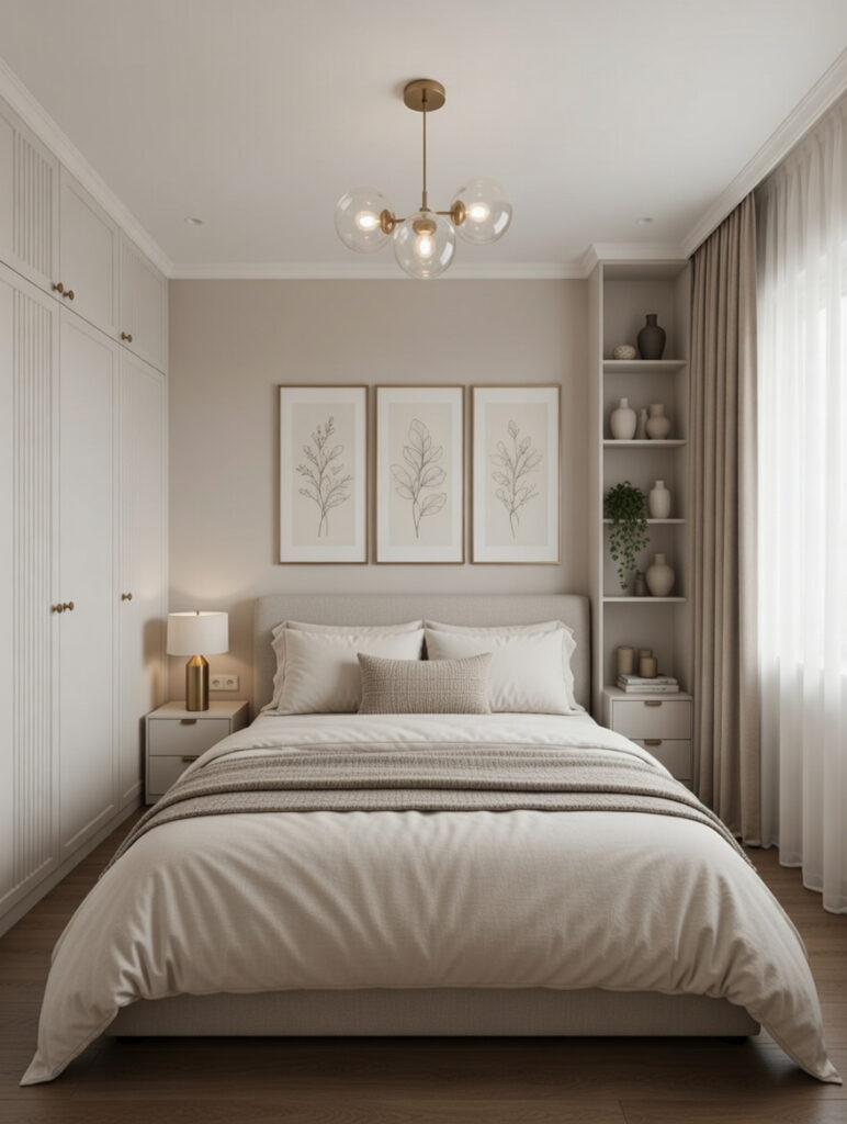 Cozy Neutral Bedroom with Built-In Storage and Modern Simplicity