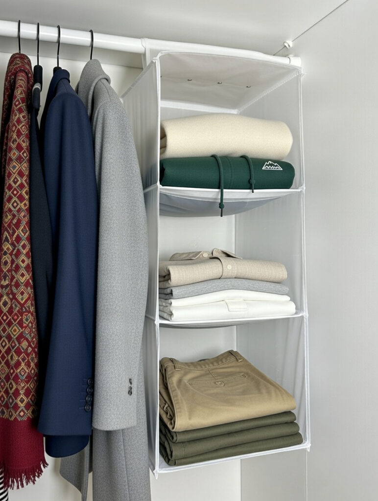 Use a Hanging Organizer to Store Clothes Vertically