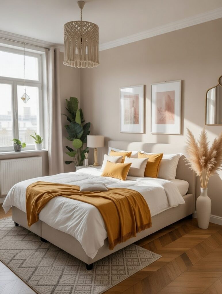 Warm Minimalist Bedroom with Golden Accents